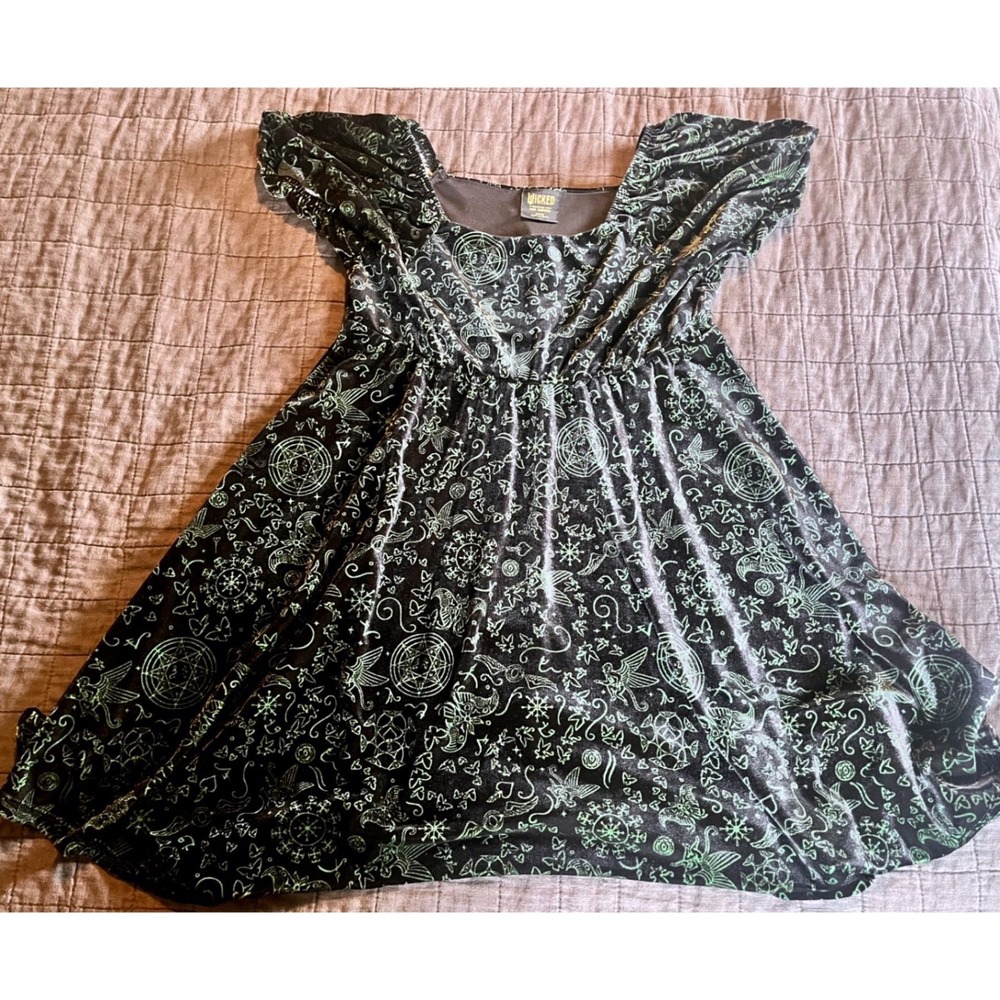 Wicked Paul Tazewell Black Green Velvet Celestial Mini Dress XL 14 NWOT‎